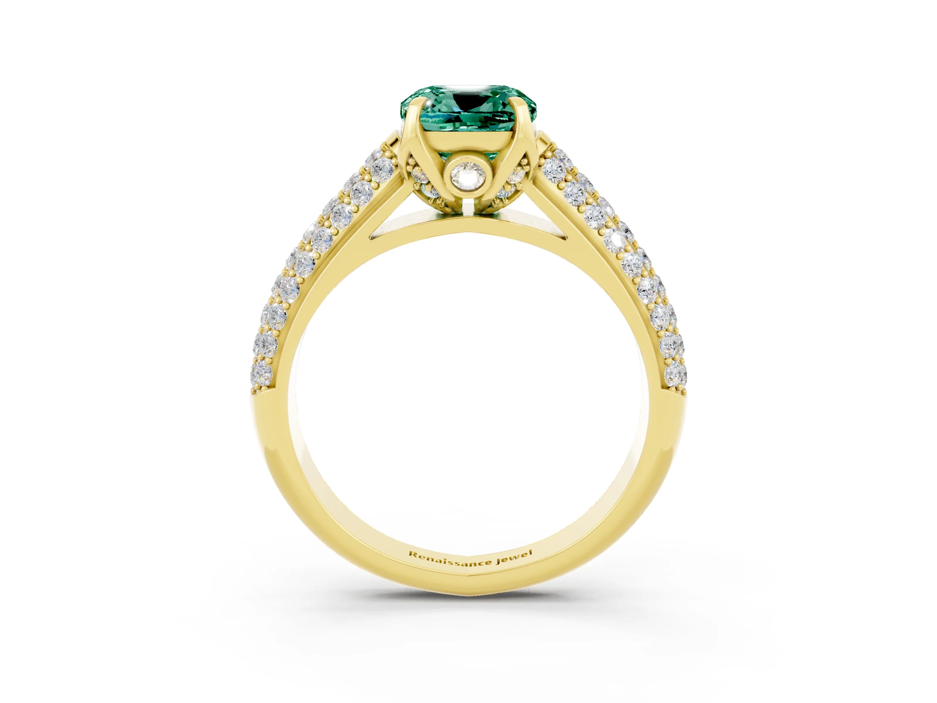 Yellow gold Cushion Cut Green Sapphire Solitaire Ring with Three-Row Pavé Band and Four-Prong Setting_15