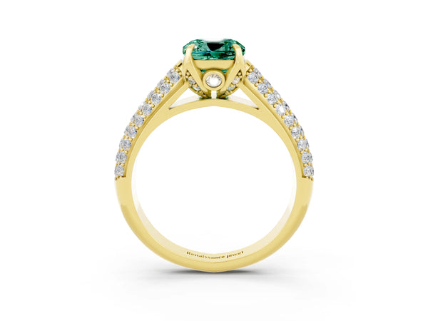Yellow gold Cushion Cut Green Sapphire Solitaire Ring with Three-Row Pavé Band and Four-Prong Setting