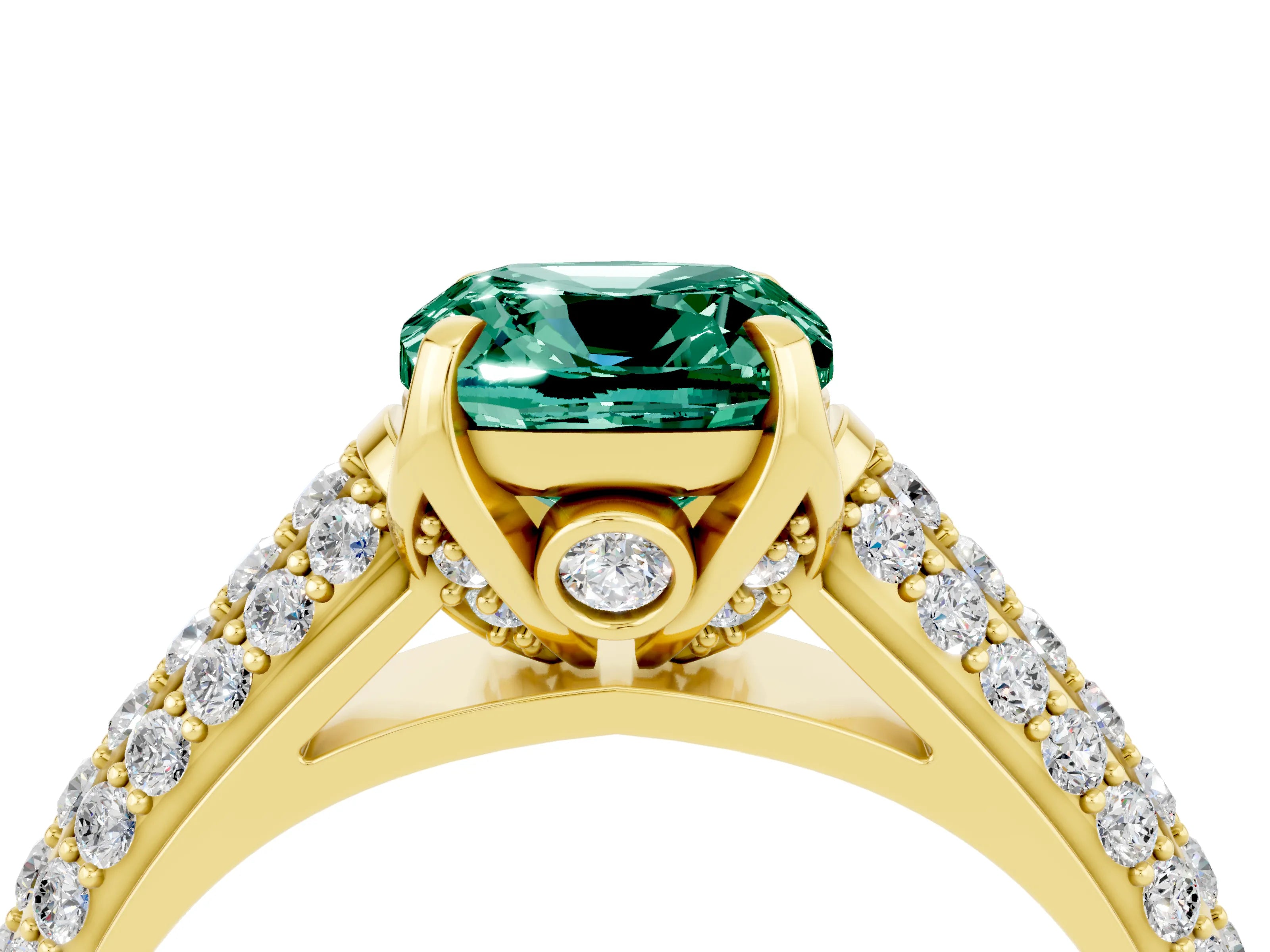 Yellow gold Cushion Cut Green Sapphire Solitaire Ring with Three-Row Pavé Band and Four-Prong Setting_16