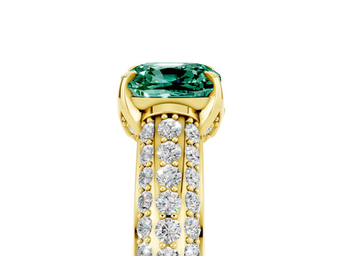 Yellow gold Cushion Cut Green Sapphire Solitaire Ring with Three-Row Pavé Band and Four-Prong Setting_17