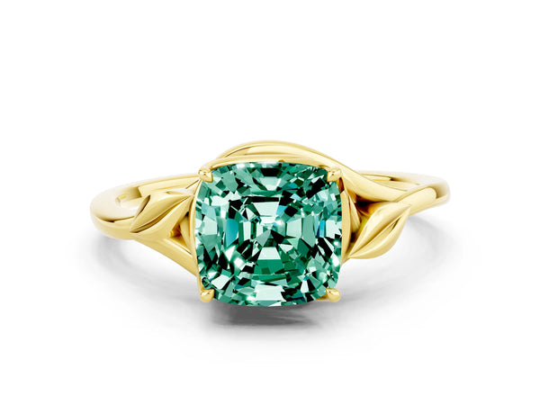 Yellow gold Cushion Cut Green Sapphire Solitaire Ring with Twist Band and Four-Prong Setting