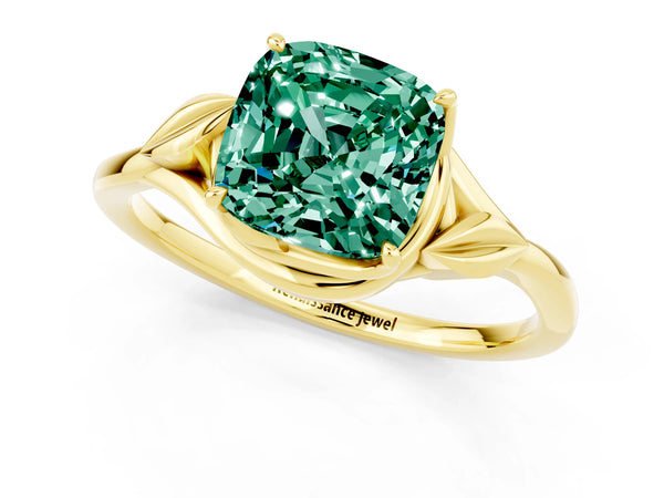 Yellow gold Cushion Cut Green Sapphire Solitaire Ring with Twist Band and Four-Prong Setting