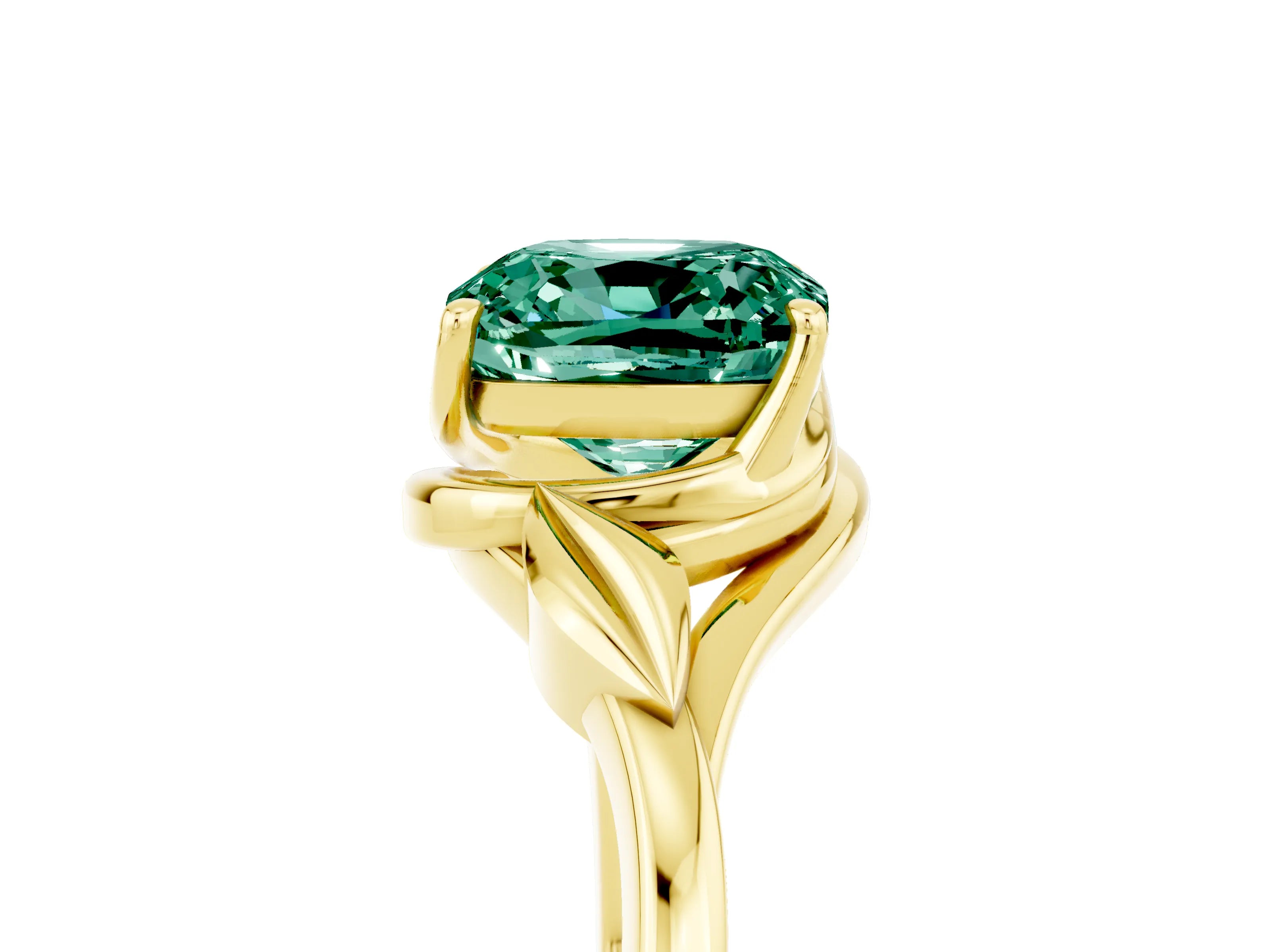 Yellow gold Cushion Cut Green Sapphire Solitaire Ring with Twist Band and Four-Prong Setting_29