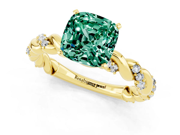 Yellow gold Cushion Cut Green Sapphire Solitaire Ring with Twisted Band and Pavé Accents
