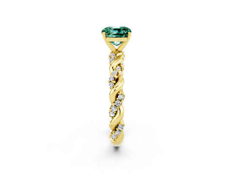 Yellow gold Cushion Cut Green Sapphire Solitaire Ring with Twisted Band and Pavé Accents_2