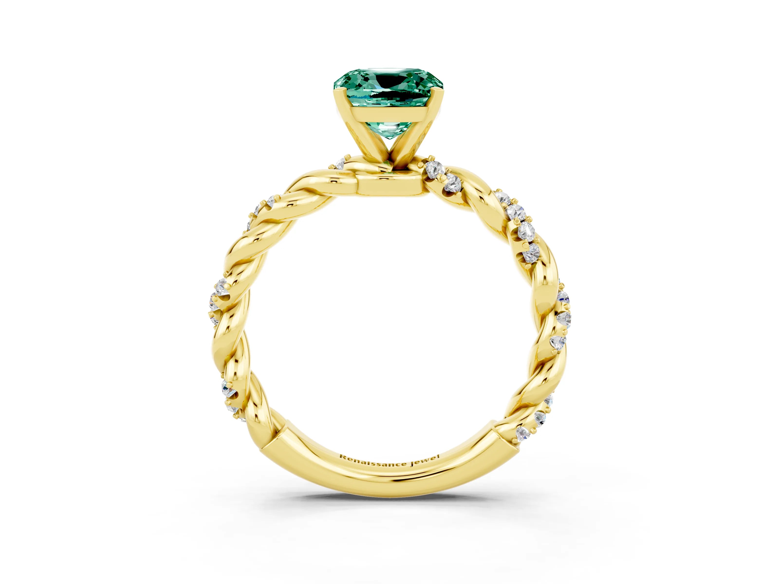 Yellow gold Cushion Cut Green Sapphire Solitaire Ring with Twisted Band and Pavé Accents_3
