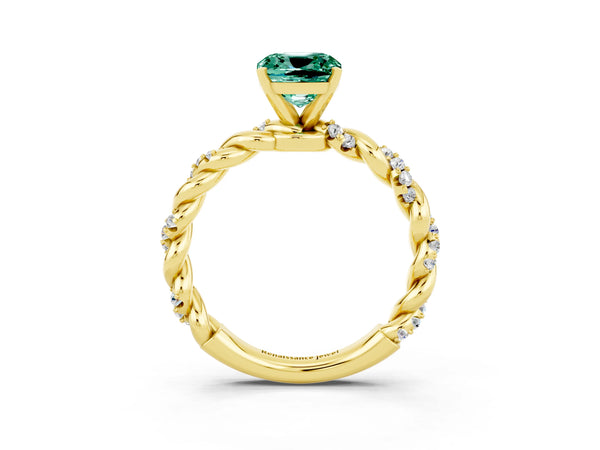 Yellow gold Cushion Cut Green Sapphire Solitaire Ring with Twisted Band and Pavé Accents