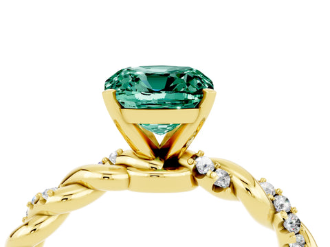 Yellow gold Cushion Cut Green Sapphire Solitaire Ring with Twisted Band and Pavé Accents_4
