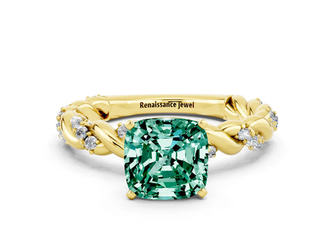 Yellow gold Cushion Cut Green Sapphire Solitaire Ring with Twisted Band and Pavé Accents