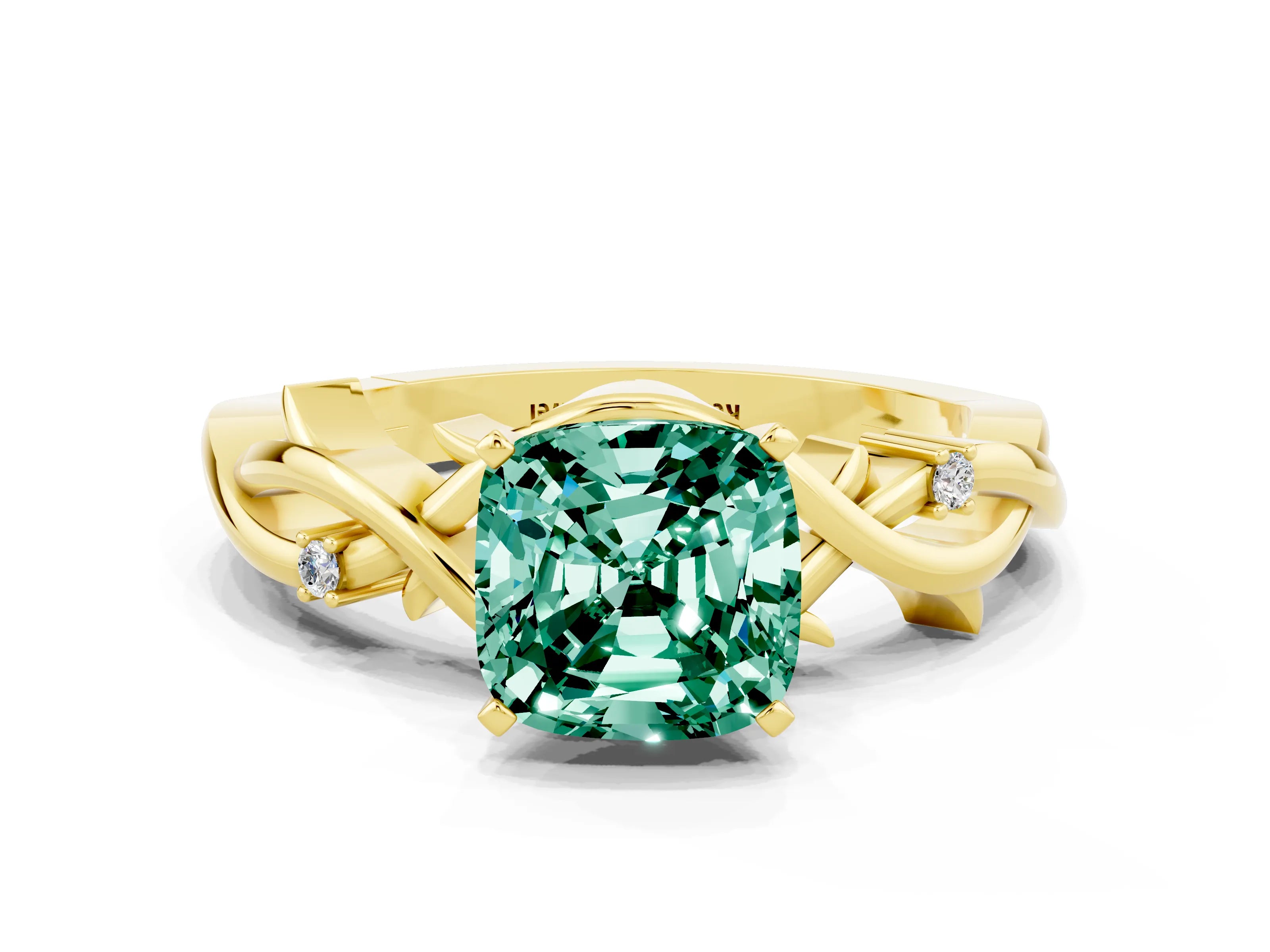 Yellow gold Cushion Cut Green Sapphire Solitaire Ring with Twisted Band and Prong Setting