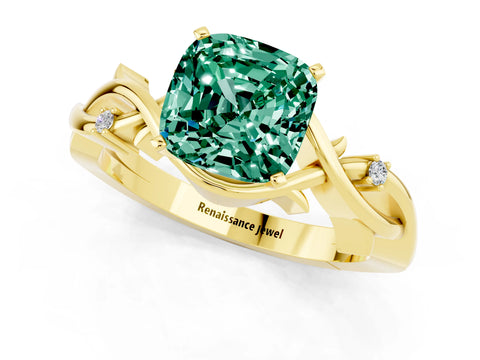 Yellow gold Cushion Cut Green Sapphire Solitaire Ring with Twisted Band and Prong Setting_1