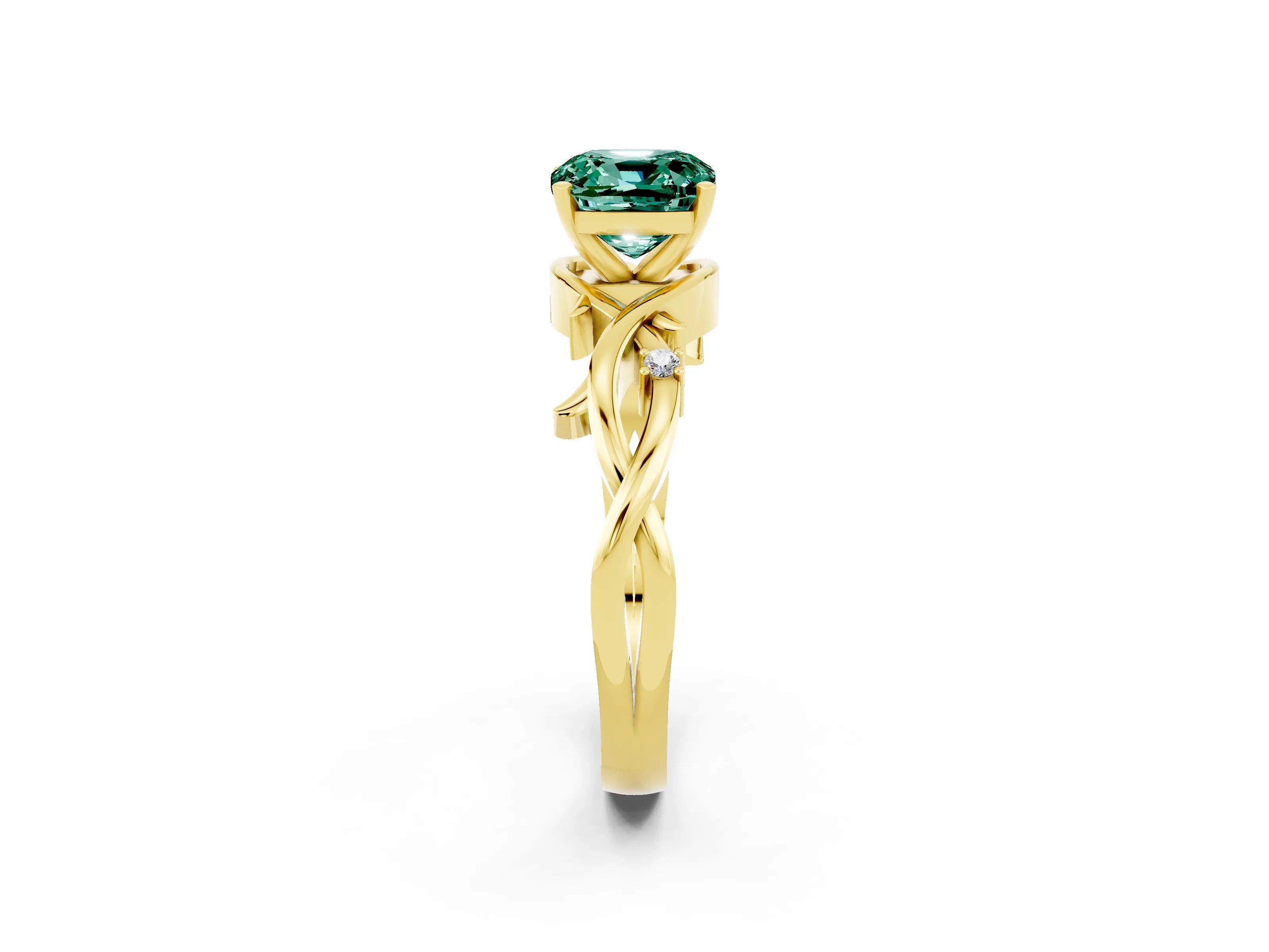 Yellow gold Cushion Cut Green Sapphire Solitaire Ring with Twisted Band and Prong Setting_2