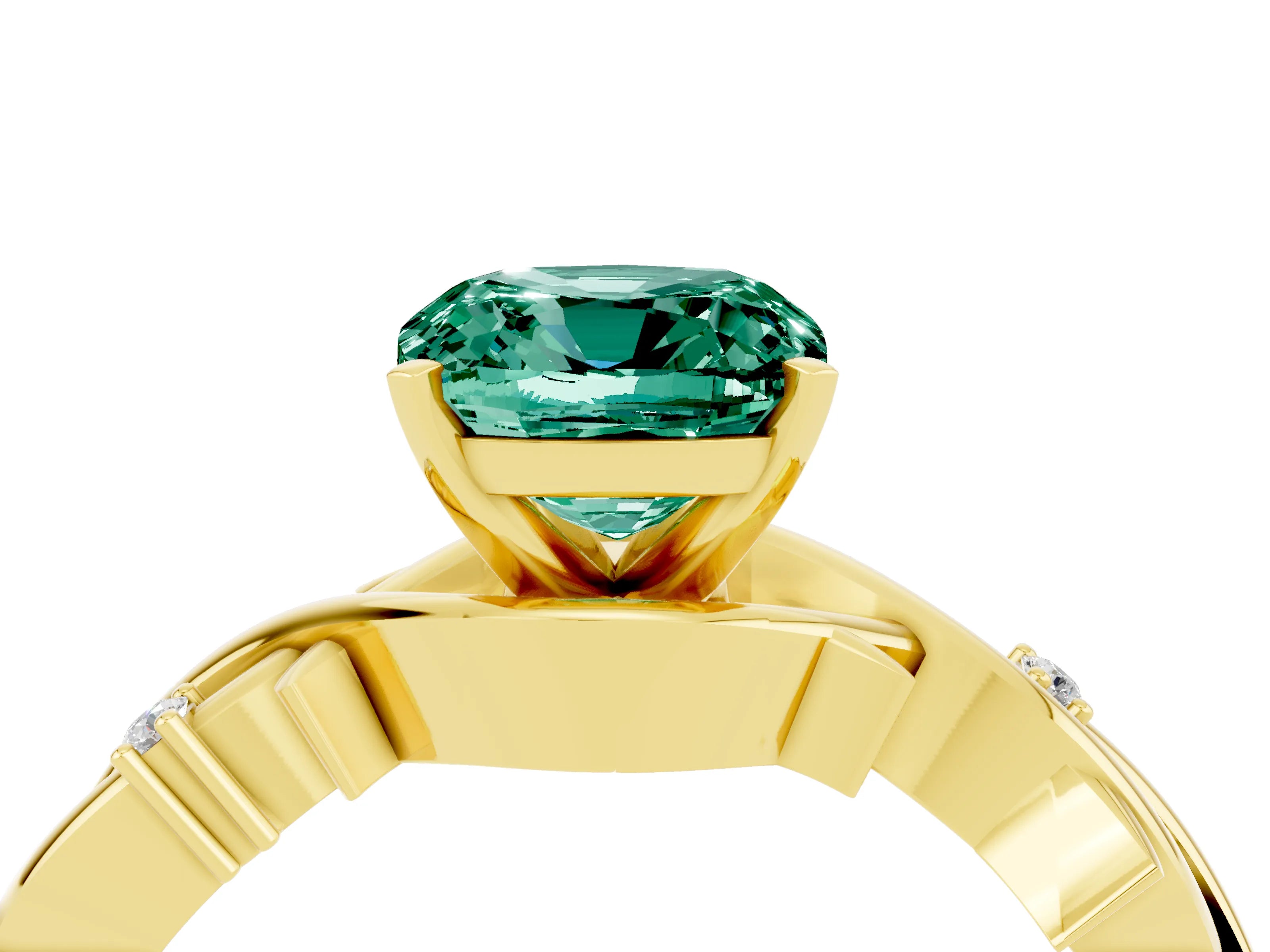 Yellow gold Cushion Cut Green Sapphire Solitaire Ring with Twisted Band and Prong Setting_4