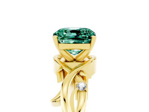 Yellow gold Cushion Cut Green Sapphire Solitaire Ring with Twisted Band and Prong Setting_5