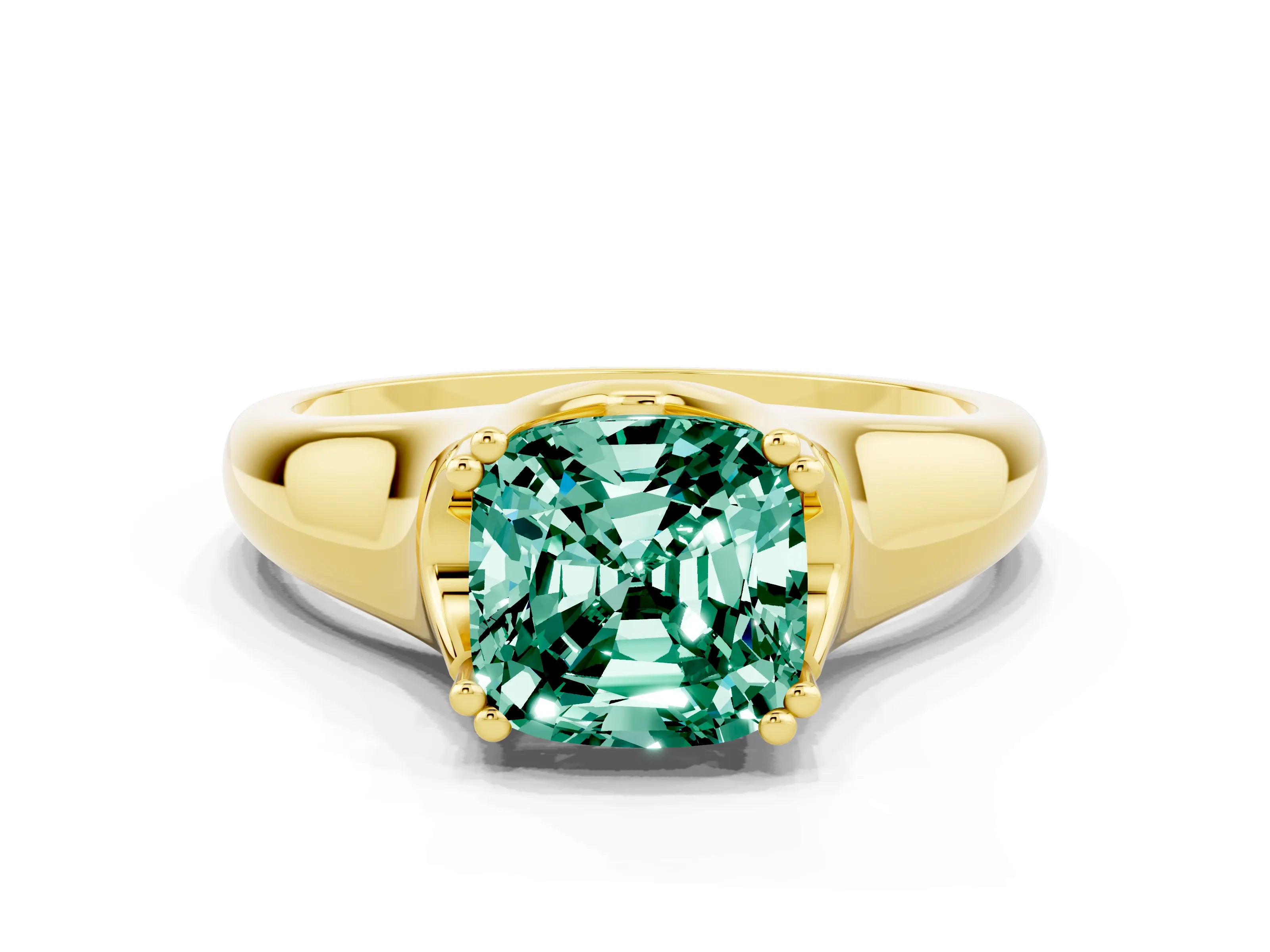 Yellow gold Cushion Cut Green Sapphire Solitaire Ring with Wide Band and Prong Setting