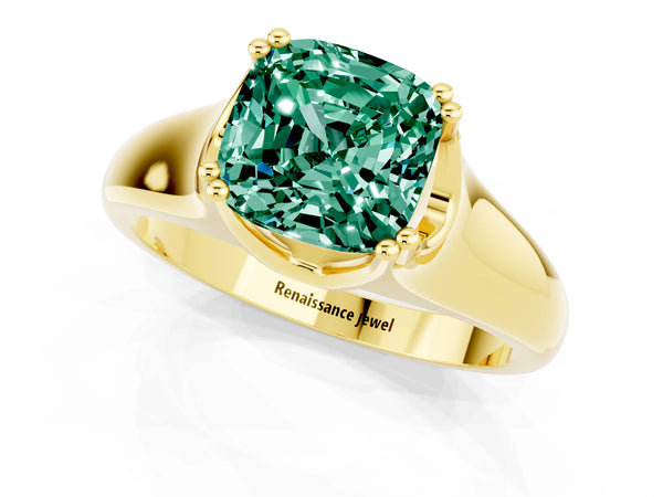 Yellow gold Cushion Cut Green Sapphire Solitaire Ring with Wide Band and Prong Setting