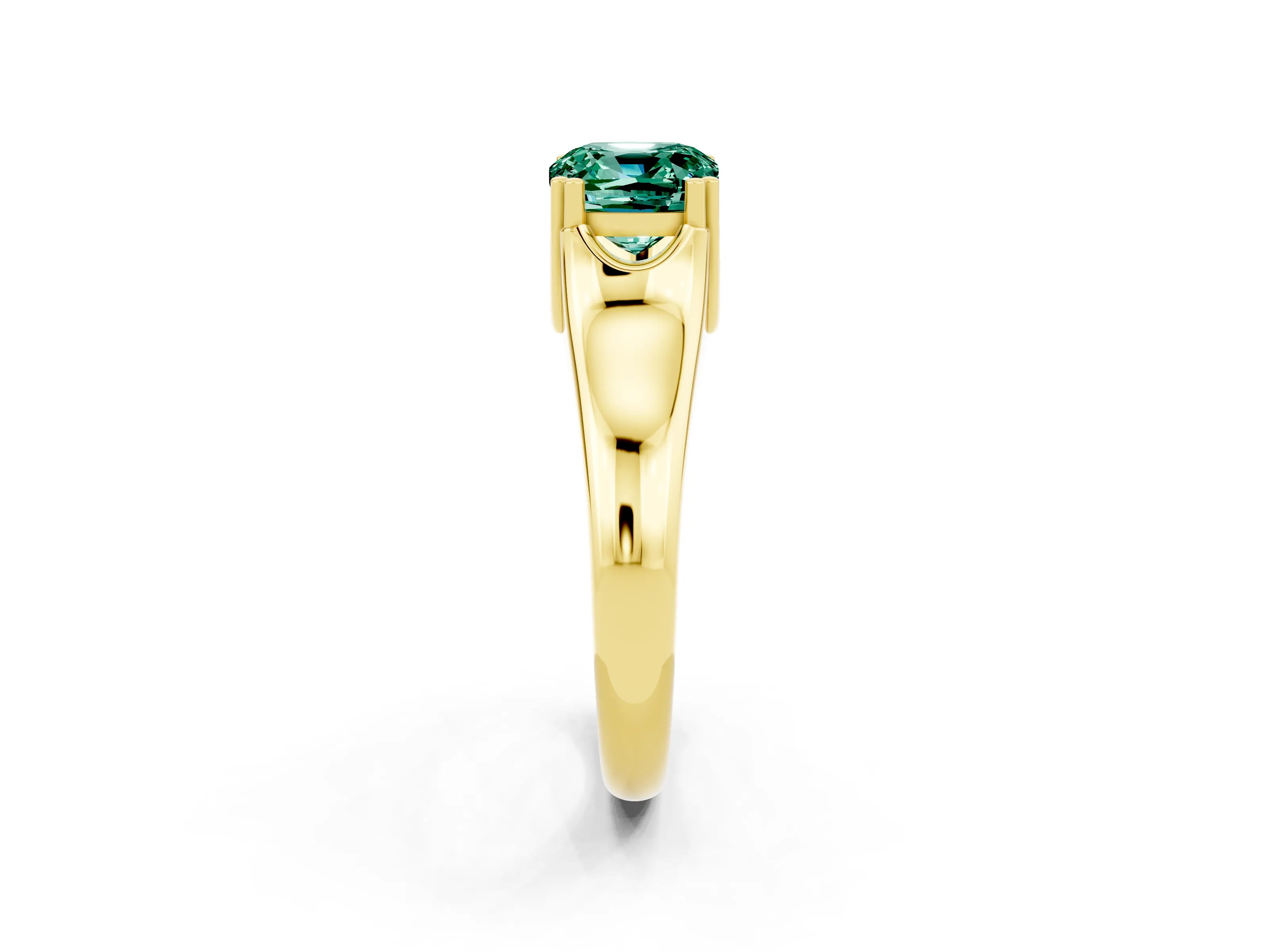 Yellow gold Cushion Cut Green Sapphire Solitaire Ring with Wide Band and Prong Setting_2