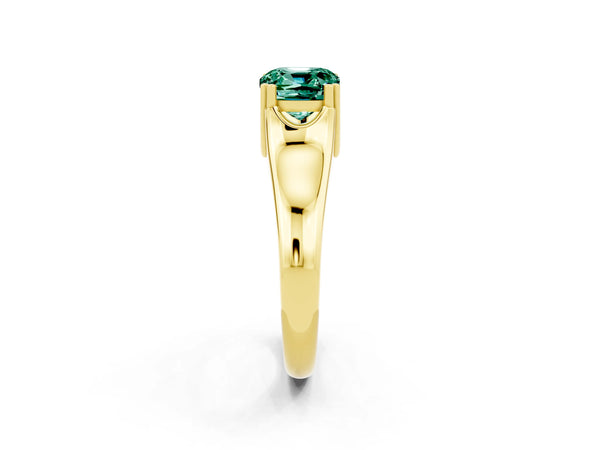 Yellow gold Cushion Cut Green Sapphire Solitaire Ring with Wide Band and Prong Setting