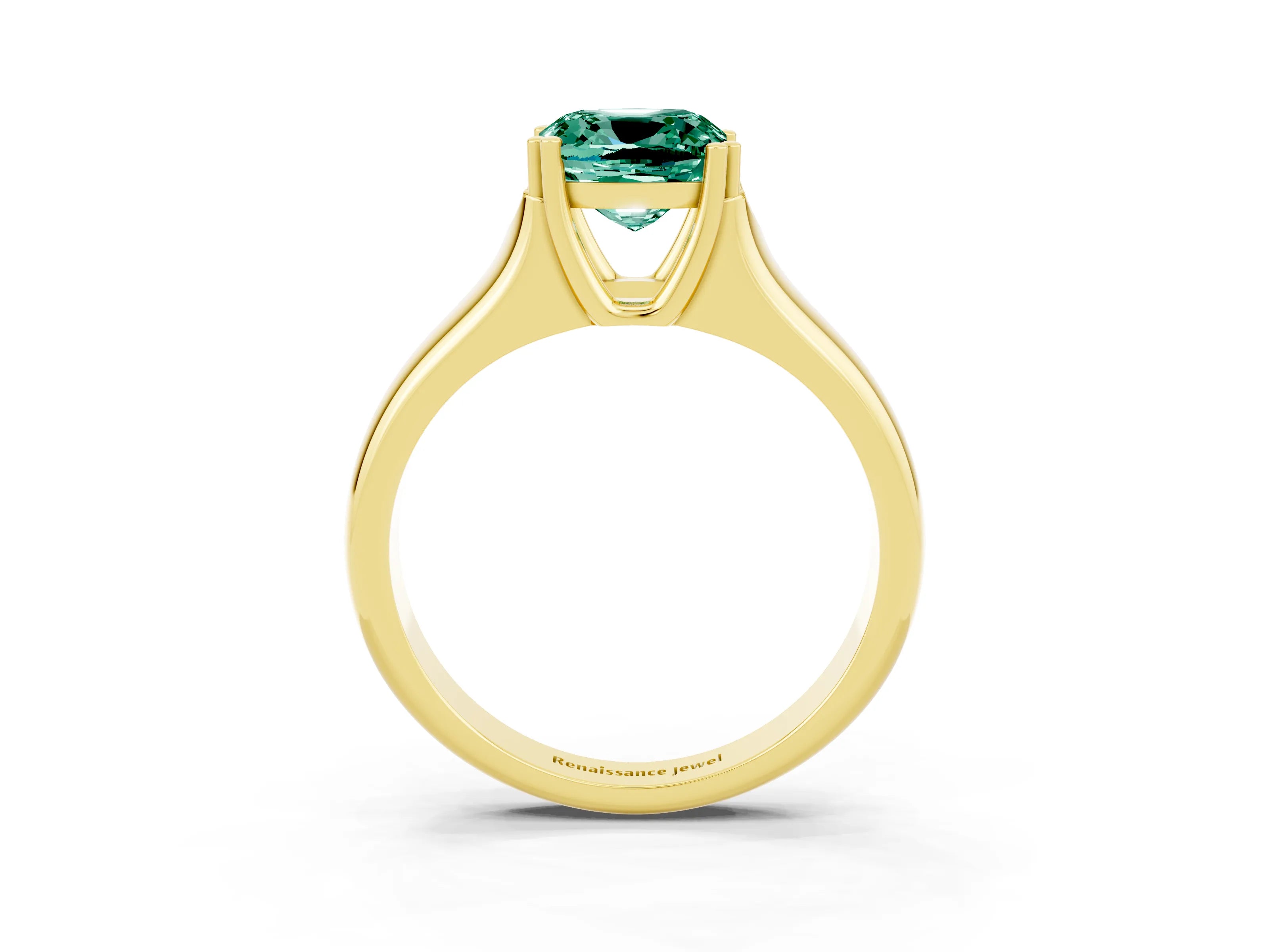 Yellow gold Cushion Cut Green Sapphire Solitaire Ring with Wide Band and Prong Setting_3