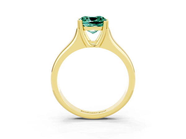 Yellow gold Cushion Cut Green Sapphire Solitaire Ring with Wide Band and Prong Setting