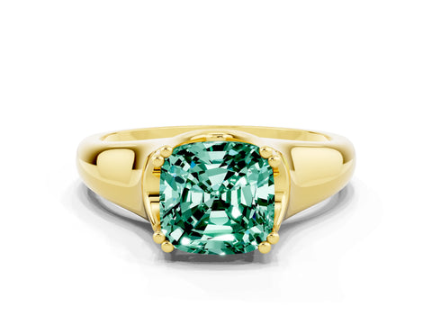 Yellow gold Cushion Cut Green Sapphire Solitaire Ring with Wide Band and Prong Setting