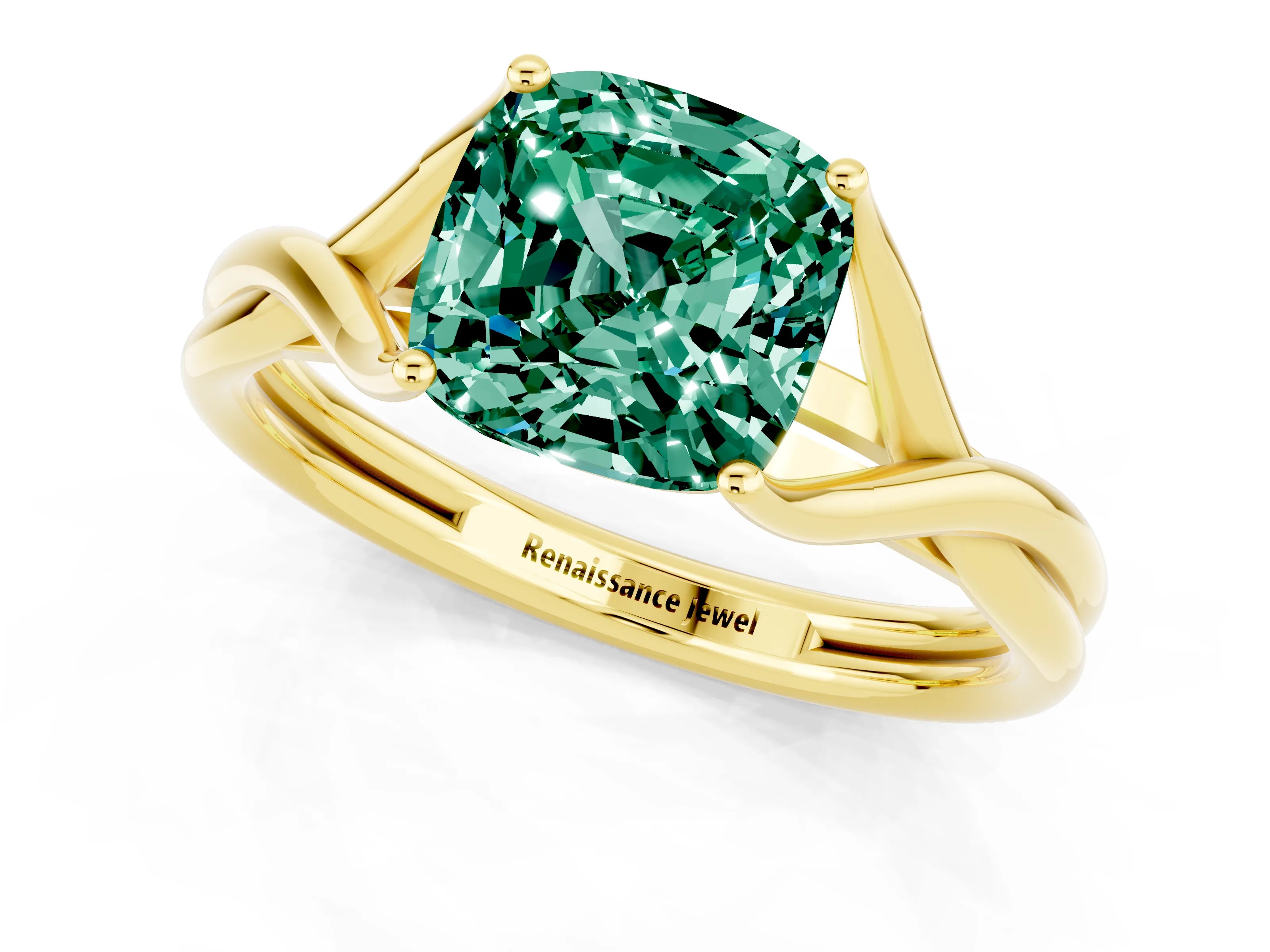 Yellow gold Cushion Cut Green Sapphire Solitaire Twist Band Prong Setting Ring_43