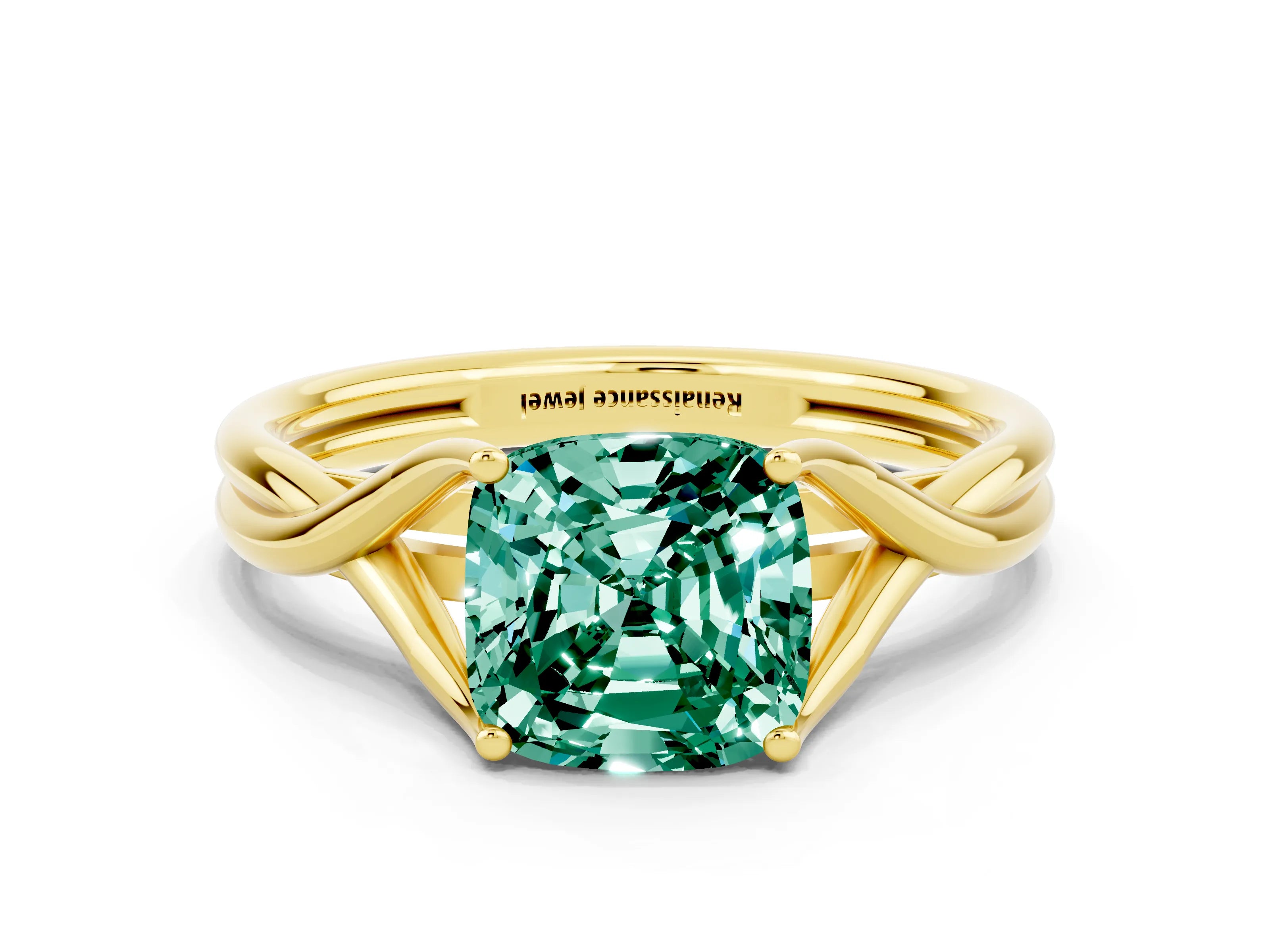 Yellow gold Cushion Cut Green Sapphire Solitaire Twist Band Prong Setting Ring_50