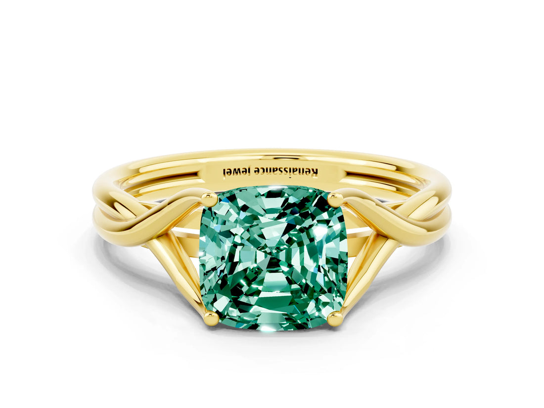 Yellow gold Cushion Cut Green Sapphire Solitaire Twist Band Prong Setting Ring_50
