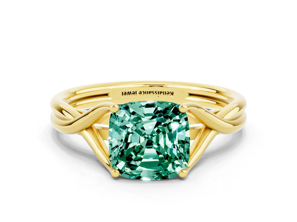 Yellow gold Cushion Cut Green Sapphire Solitaire Twist Band Prong Setting Ring