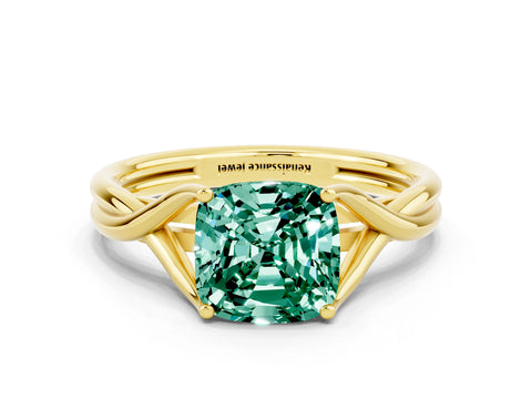 Yellow gold Cushion Cut Green Sapphire Solitaire Twist Band Prong Setting Ring_50