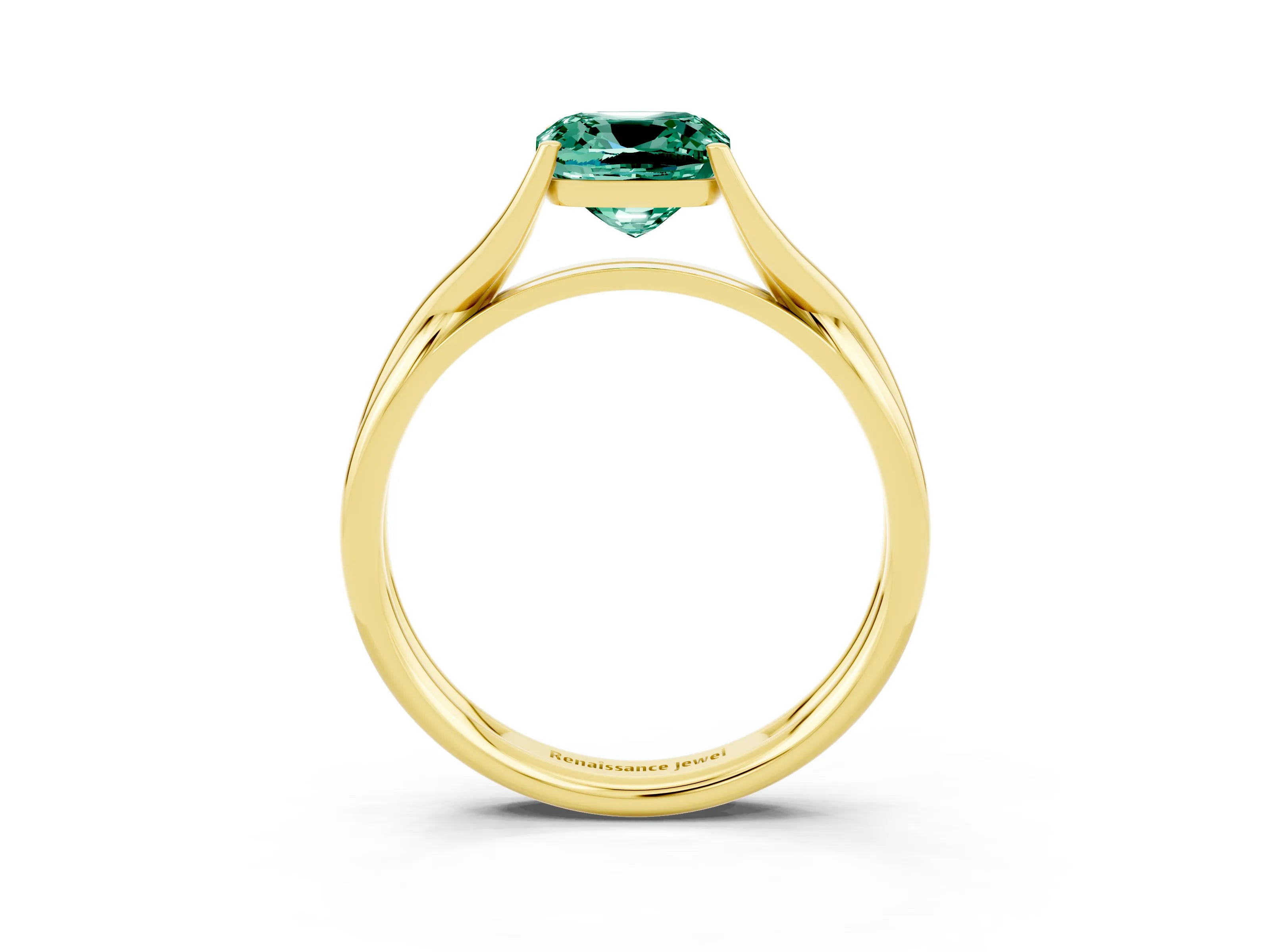 Yellow gold Cushion Cut Green Sapphire Solitaire Twist Band Prong Setting Ring_53