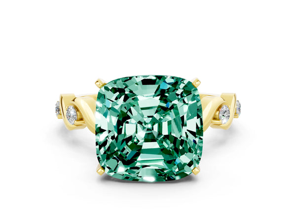 Yellow gold Cushion Cut Green Sapphire Solitaire Twisted Band with Round  Accents and Prong Setting