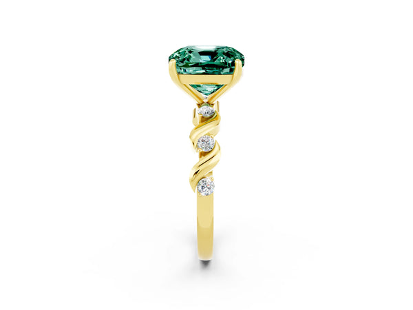 Yellow gold Cushion Cut Green Sapphire Solitaire Twisted Band with Round  Accents and Prong Setting