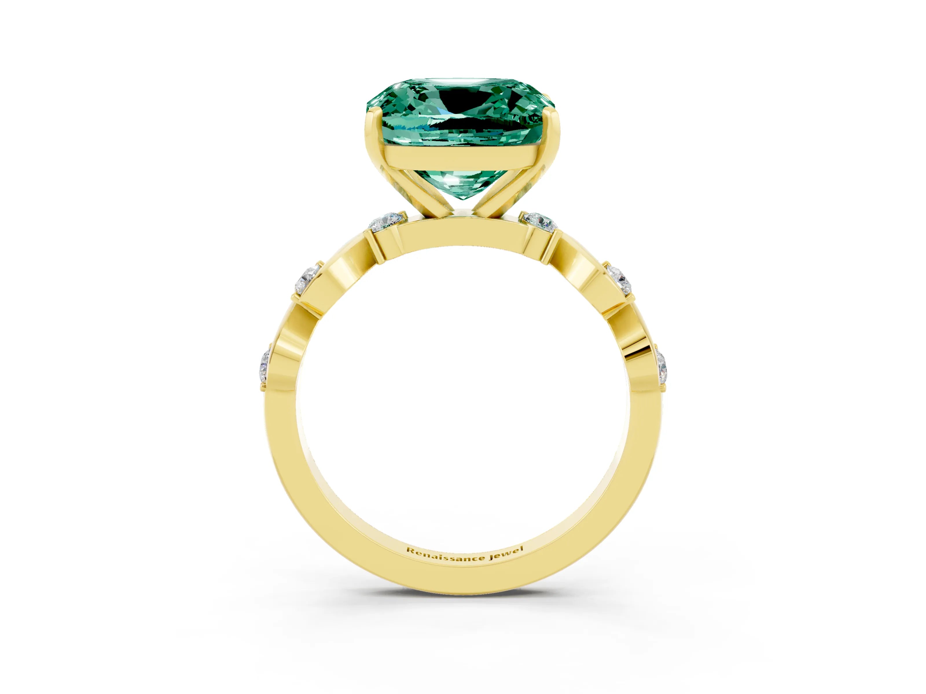 Yellow gold Cushion Cut Green Sapphire Solitaire Twisted Band with Round  Accents and Prong Setting_15