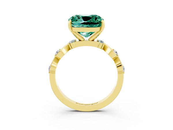 Yellow gold Cushion Cut Green Sapphire Solitaire Twisted Band with Round  Accents and Prong Setting