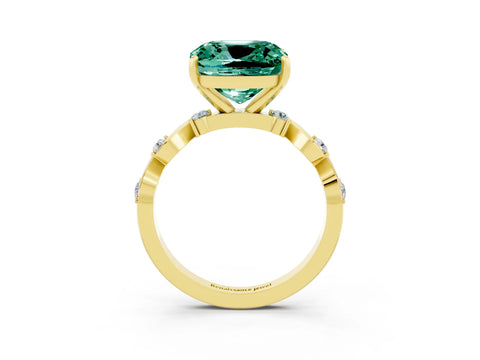 Yellow gold Cushion Cut Green Sapphire Solitaire Twisted Band with Round  Accents and Prong Setting_15