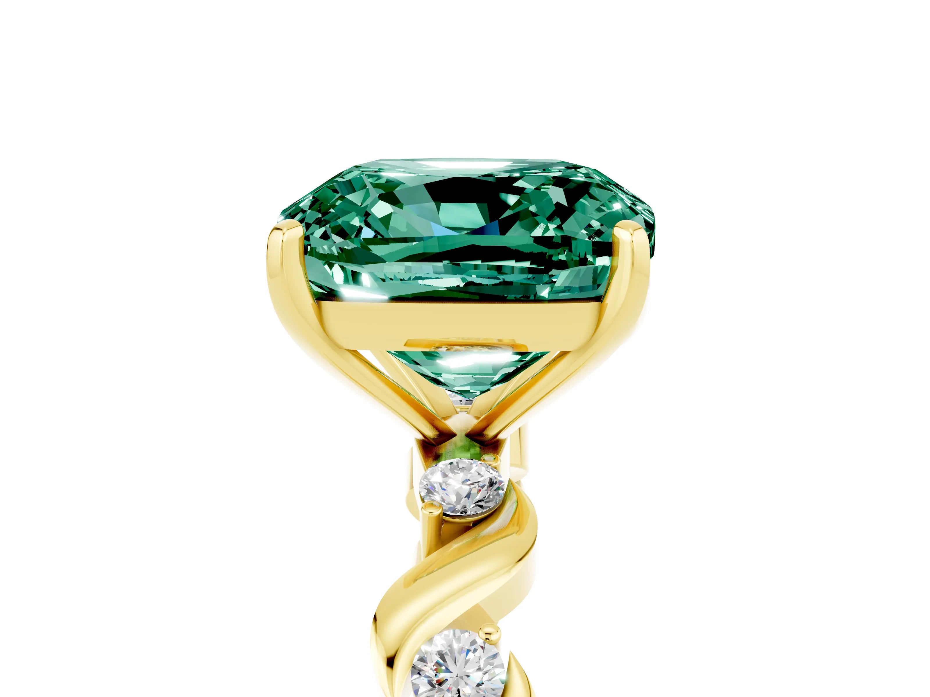 Yellow gold Cushion Cut Green Sapphire Solitaire Twisted Band with Round  Accents and Prong Setting_17
