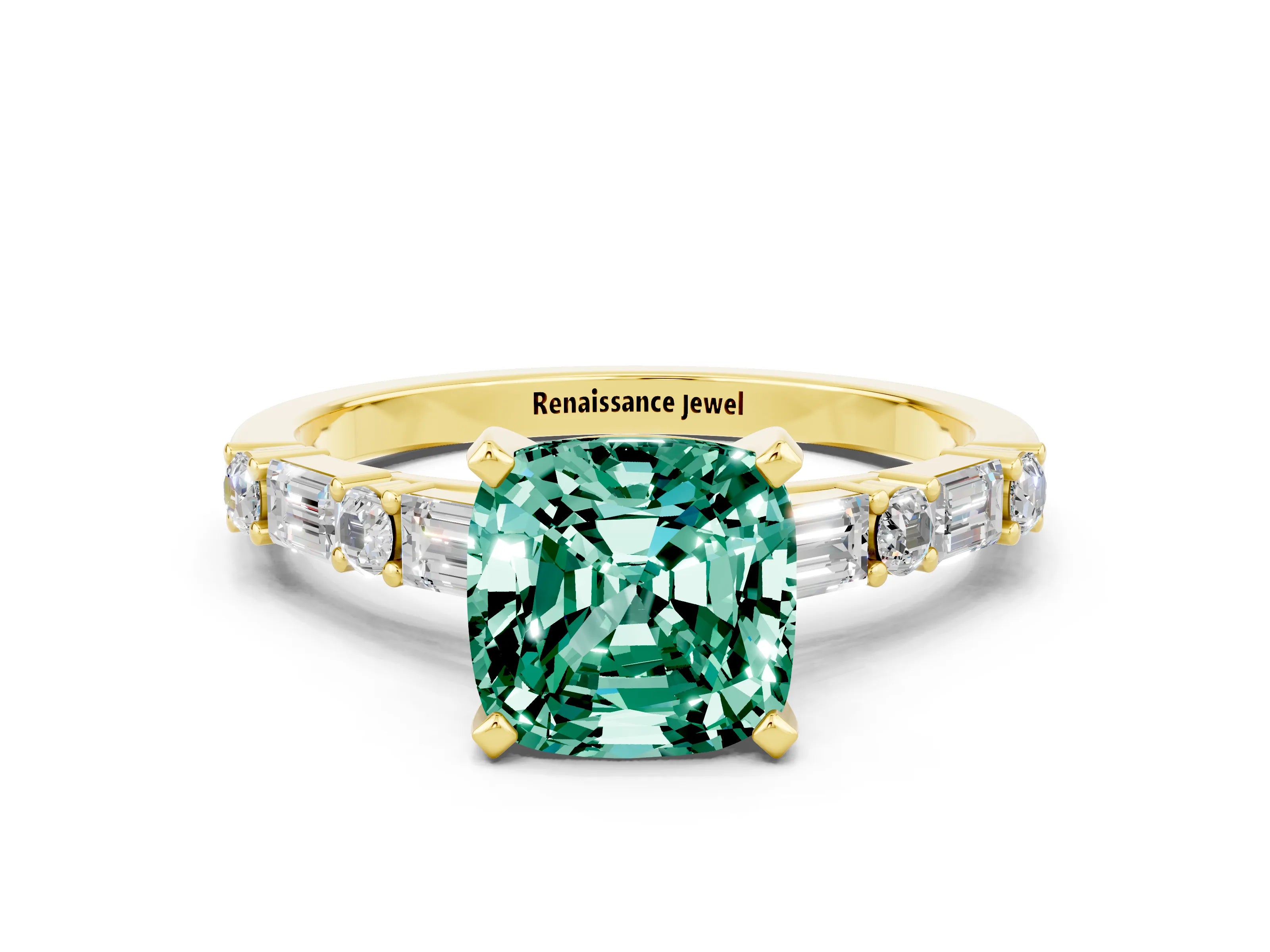 Yellow gold Cushion Cut Green Sapphire Solitaire with Side Baguettes and Channel Set Band