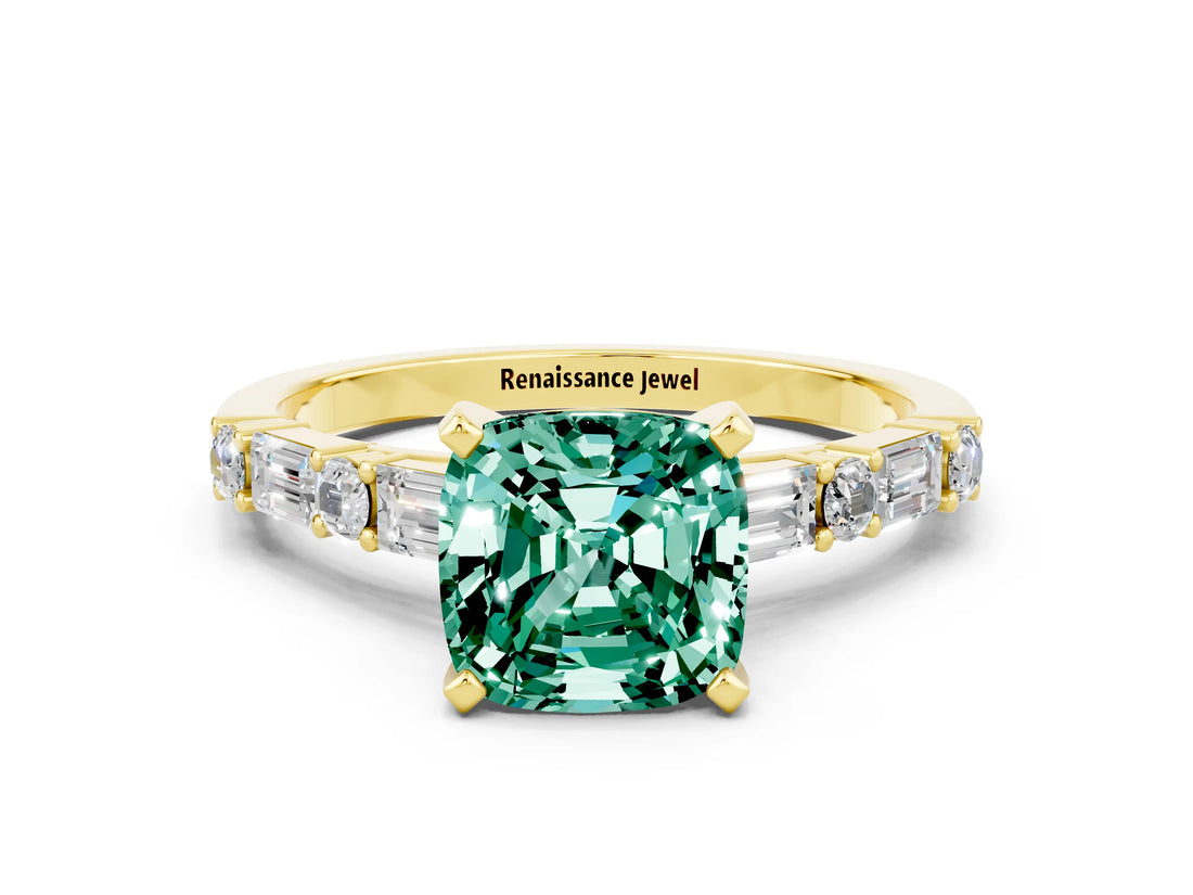 Yellow gold Cushion Cut Green Sapphire Solitaire with Side Baguettes and Channel Set Band