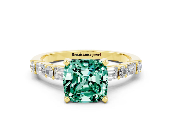 Yellow gold Cushion Cut Green Sapphire Solitaire with Side Baguettes and Channel Set Band