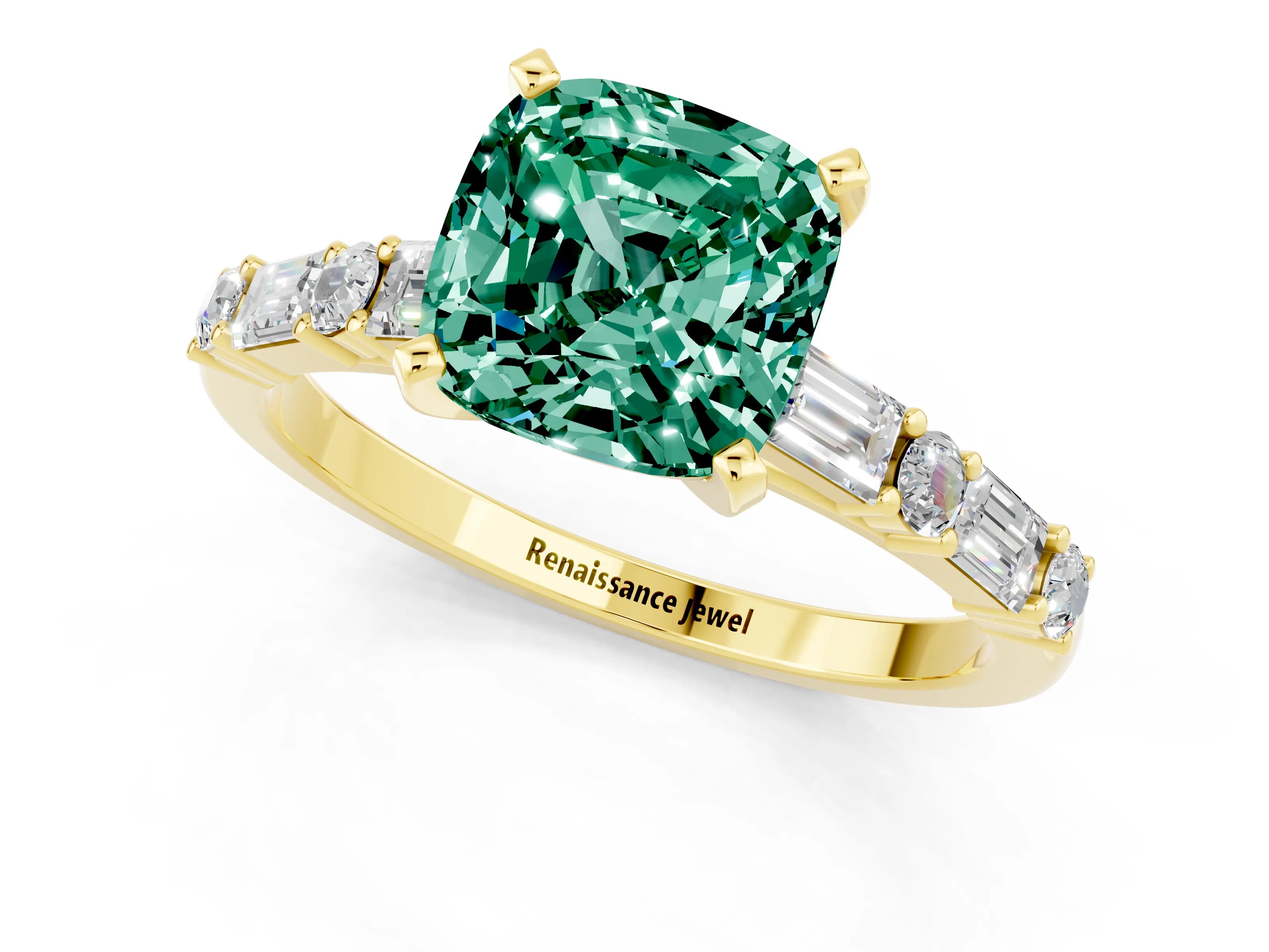 Yellow gold Cushion Cut Green Sapphire Solitaire with Side Baguettes and Channel Set Band_1