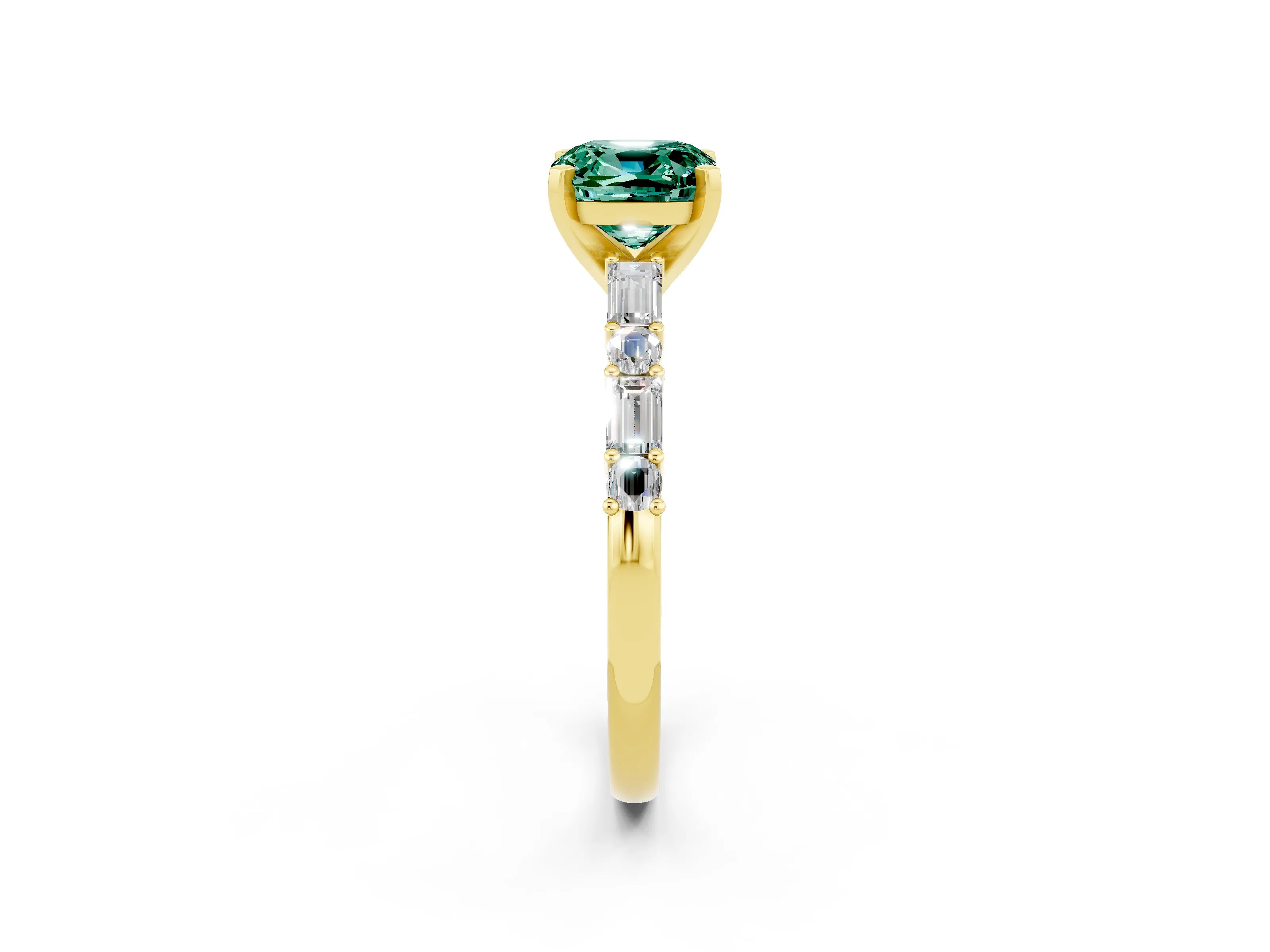 Yellow gold Cushion Cut Green Sapphire Solitaire with Side Baguettes and Channel Set Band_2