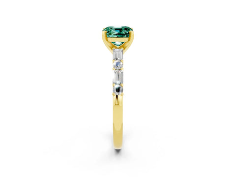 Yellow gold Cushion Cut Green Sapphire Solitaire with Side Baguettes and Channel Set Band_2