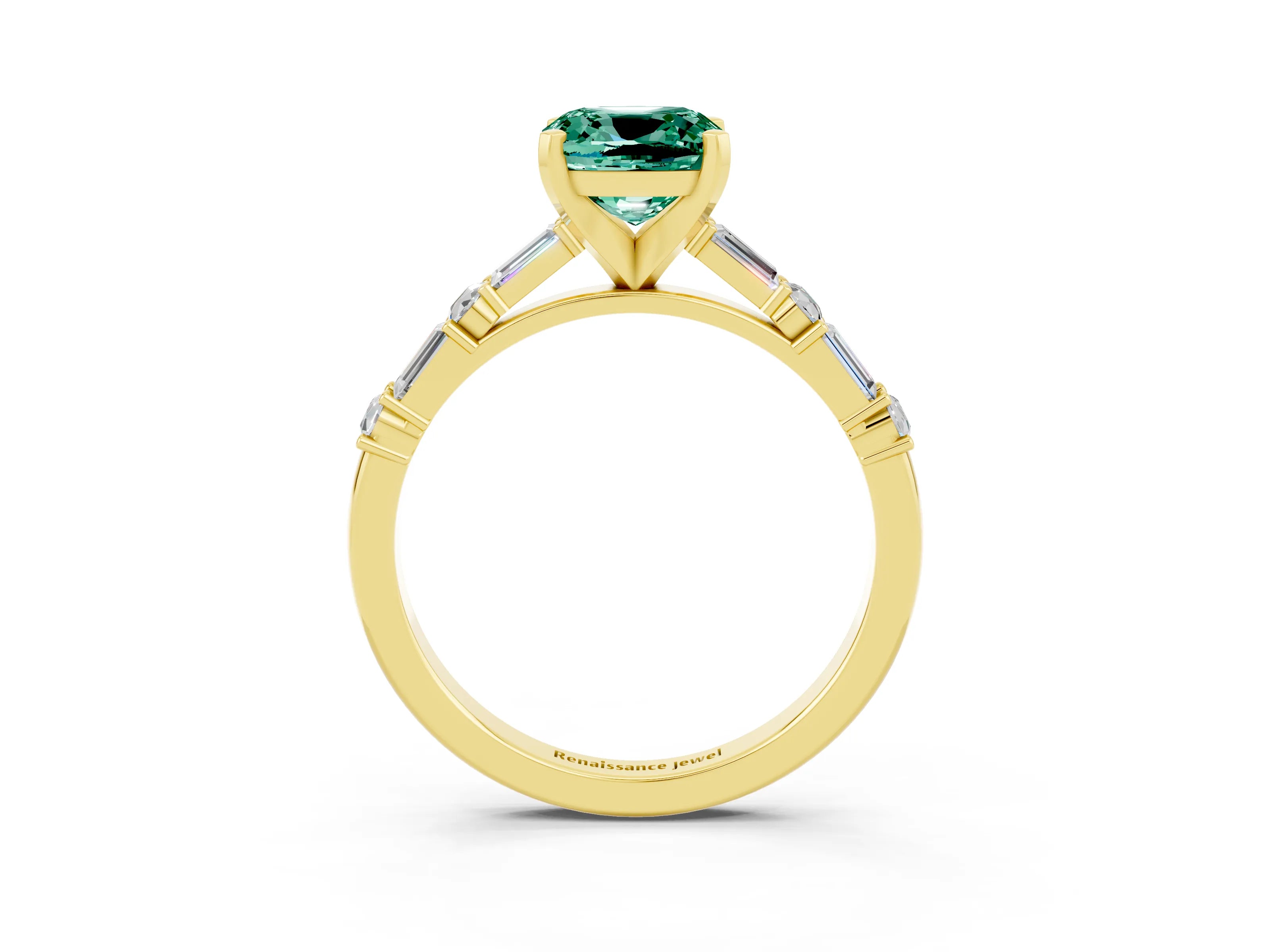 Yellow gold Cushion Cut Green Sapphire Solitaire with Side Baguettes and Channel Set Band_3