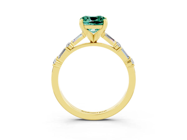 Yellow gold Cushion Cut Green Sapphire Solitaire with Side Baguettes and Channel Set Band