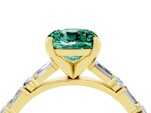 Yellow gold Cushion Cut Green Sapphire Solitaire with Side Baguettes and Channel Set Band_4