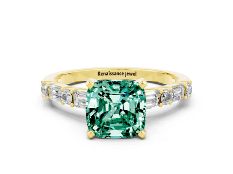 Yellow gold Cushion Cut Green Sapphire Solitaire with Side Baguettes and Channel Set Band