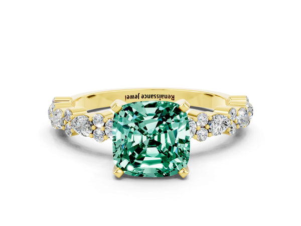 Yellow gold Cushion Cut Green Sapphire Side Stone Solitaire Ring with Round  and Four-Prong Setting
