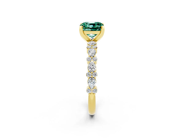 Yellow gold Cushion Cut Green Sapphire Side Stone Solitaire Ring with Round  and Four-Prong Setting
