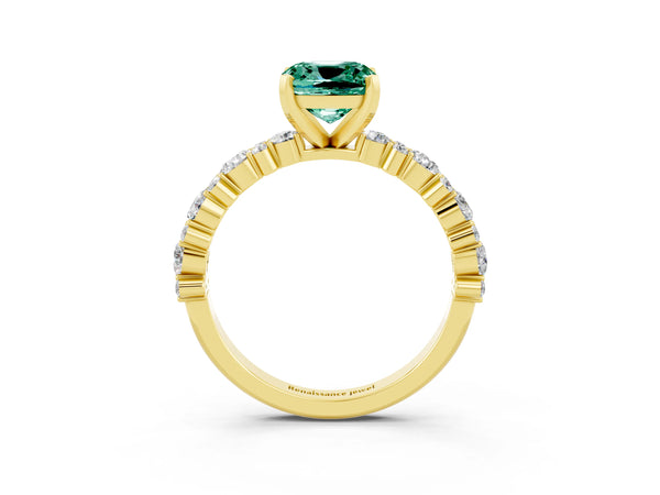 Yellow gold Cushion Cut Green Sapphire Side Stone Solitaire Ring with Round  and Four-Prong Setting